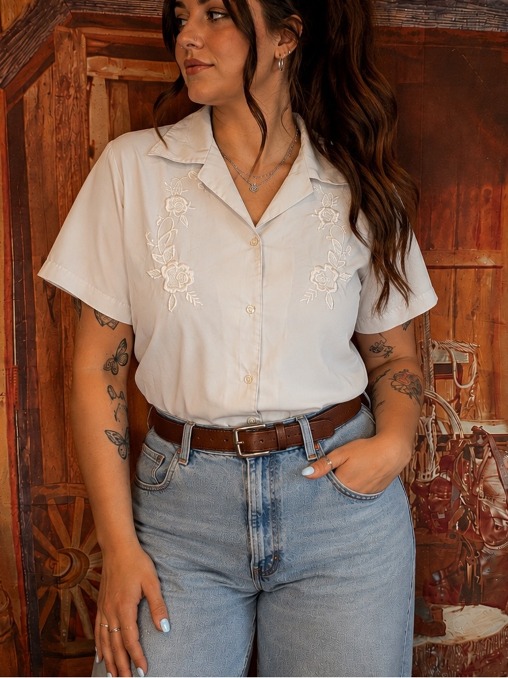 Vintage SMW White Embroidered Floral Button-Up Blouse